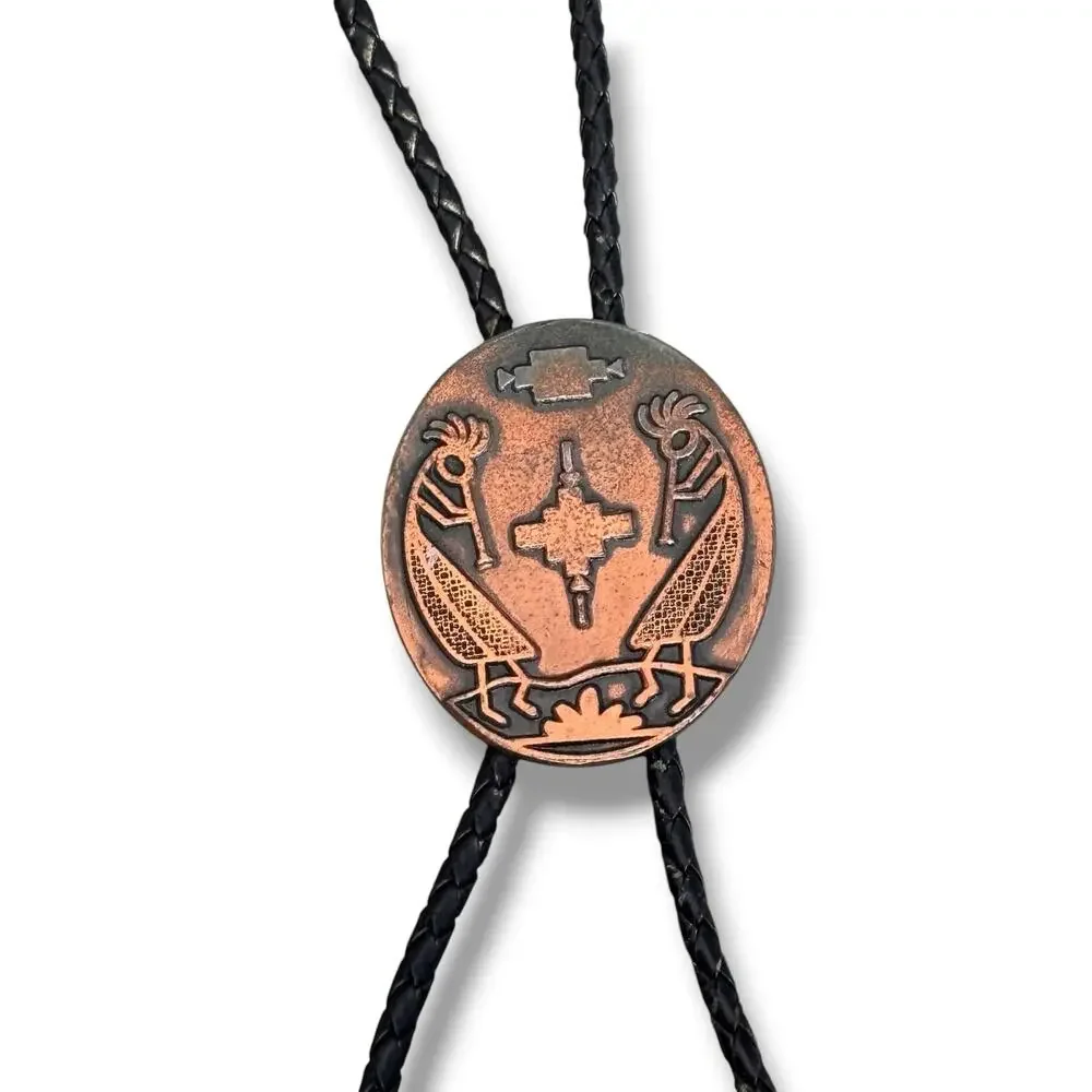 Vintage Copper Kokopelli Bolo Tie Southwestern Flute Player Black Cord Tips